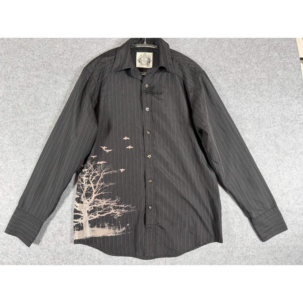 Red Level Nine Button Down Shirt Mens Small Black Pinstripe Good Tree Graphic